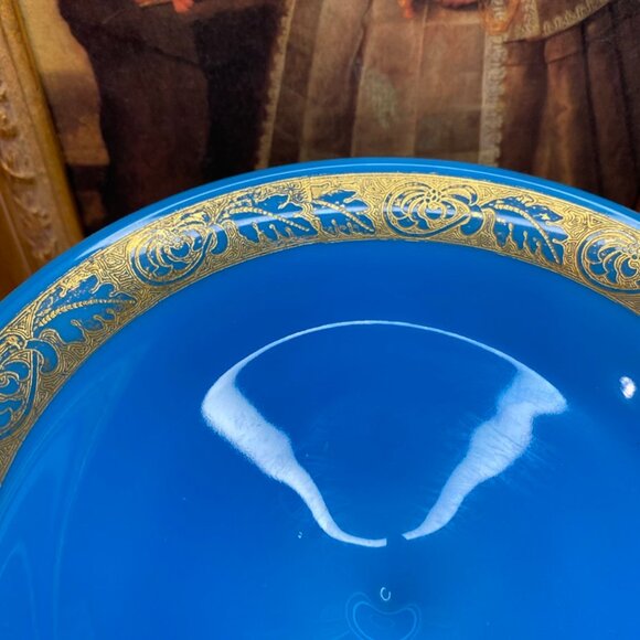 Antique Blue Compote Milk Glass About 7 Inches Tall Gold Leaves Trim Design - Picture 3 of 11